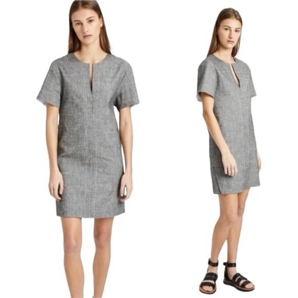 NWT Theory LINEN Blend SLIT FRONT SHIFT Sharkskin Crunch Mini Dress MEDIUM